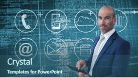  Presentation with matrix - Audience pleasing PPT layouts consisting of businessman using a tablet and smiling at the camera against blue matrix and codes backdrop and a ocean colored foreground