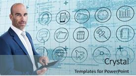  Presentation with matrix - Audience pleasing PPT layouts consisting of businessman using a tablet and smiling at the camera against blue matrix and codes backdrop and a light blue colored foreground