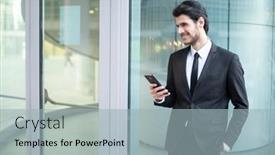  Presentation with smartphone app - Colorful presentation design enhanced with businessman-using-an-app backdrop and a light gray colored foreground