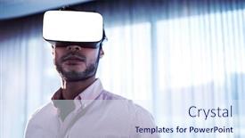 Presentation with office - PPT layouts consisting of businessman-using-an-oculus background and a sky blue colored foreground