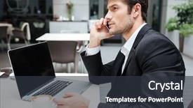  Presentation with laptop blank screen - PPT theme with businessman using blank screen laptop background and a tawny brown colored foreground