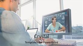  Presentation with creative - Slide deck with businessman using computer at desk background and a light gray colored foreground