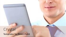  Presentation with plane - PPT theme featuring businessman using computer plane-table background and a coral colored foreground