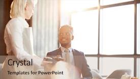  Presentation with restaurant system - Colorful presentation design enhanced with businessman using contactless payment system backdrop and a coral colored foreground