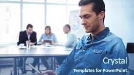  Presentation with office room - Colorful PPT layouts enhanced with businessman using digital tablet against colleagues in meeting room at office backdrop and a ocean colored foreground