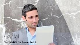  Presentation with electronic - Amazing presentation theme having businessman using electronic tablet outside the office backdrop and a light blue colored foreground