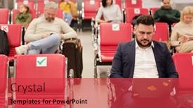  Presentation with airport terminal - Colorful presentation design enhanced with businessman-using-his-laptop backdrop and a red colored foreground