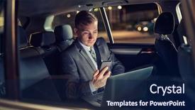  Presentation with car seat - Beautiful slide deck featuring businessman using his mobile phone backdrop and a navy blue colored foreground