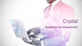  Presentation with graphic - Amazing presentation theme having businessman using laptop against human backdrop and a pink colored foreground