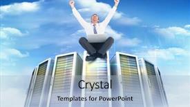  Presentation with server - Colorful presentation design enhanced with businessman using laptop and cheering against composite image of server towers backdrop and a light blue colored foreground