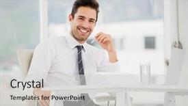  Presentation with taking notes - Slides featuring businessman using laptop and taking notes in office background and a light gray colored foreground