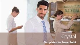  Presentation with cafeteria - PPT layouts featuring businessman using laptop with colleagues behind in office cafeteria background and a coral colored foreground