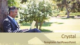  Presentation with park - Amazing PPT theme having businessman using laptop in the park on a sunny day backdrop and a cream colored foreground