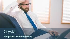  Presentation with social isolation - PPT theme consisting of businessman using laptop on the couch at home in the living room working from home in quarantine lockdown social distancing self isolation background and a ocean colored foreground