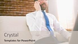  Presentation with social isolation - Slide set enhanced with businessman using laptop on the couch at home in the living room working from home in quarantine lockdown social distancing self isolation background and a lemonade colored foreground