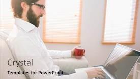  Presentation with social isolation - Audience pleasing presentation theme consisting of businessman using laptop on the couch at home in the living room working from home in quarantine lockdown social distancing self isolation backdrop and a soft green colored foreground