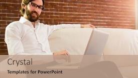  Presentation with social isolation - PPT layouts enhanced with businessman using laptop on the couch at home in the living room working from home in quarantine lockdown social distancing self isolation background and a coral colored foreground