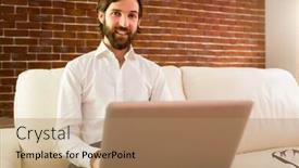  Presentation with social isolation - Slide set consisting of businessman using laptop on the couch at home in the living room working from home in quarantine lockdown social distancing self isolation background and a coral colored foreground