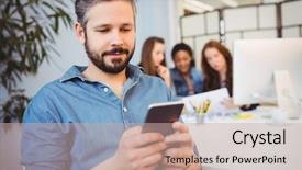  Presentation with phone meeting - Theme with businessman using mobile phone against female coworkers in meeting room background and a mint green colored foreground