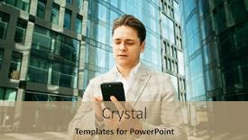  Presentation with man holding phone - Cool new PPT theme with businessman-using-mobile-phone-app backdrop and a coral colored foreground