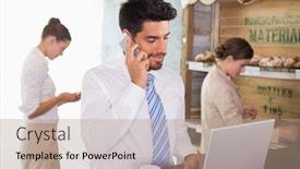  Presentation with cafeteria - Colorful presentation design enhanced with businessman using mobile phone and laptop with colleagues behind in office cafeteria backdrop and a coral colored foreground