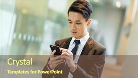  Presentation with text message - Amazing PPT theme having businessman using mobile phone for sending text message backdrop and a tawny brown colored foreground