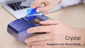  Presentation with terminal - Beautiful slide set featuring businessman using payment terminal backdrop and a lemonade colored foreground