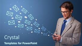  Presentation with communication - Colorful presentation theme enhanced with businessman using phone with online communication concept backdrop and a ocean colored foreground