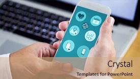  Presentation with fitness - Presentation design consisting of businessman using smartphone against fitness background and a coral colored foreground