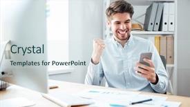  Presentation with smartphone - Theme featuring businessman using smartphone and celebrating background and a sky blue colored foreground