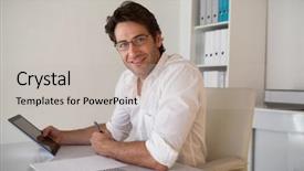  Presentation with tablet broken - Cool new slide deck with businessman using tablet and calculator backdrop and a soft green colored foreground