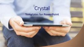  Presentation with tablet - Amazing slide deck having businessman using tablet computer backdrop and a sky blue colored foreground