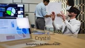  Presentation with flip chart - PPT theme featuring businessman-using-virtual-reality-headset background and a coral colored foreground