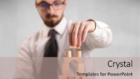  Presentation with wooden building blocks - Audience pleasing PPT theme consisting of businessman using wooden building blocks backdrop and a coral colored foreground