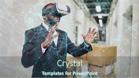  Presentation with virtual reality rehab - Slide set featuring businessman-visualizes-network-in-virtual background and a tawny brown colored foreground