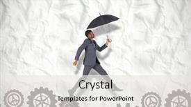  Presentation with page - Cool new slide deck with businessman walking and holding umbrella against crumpled white page backdrop and a sky blue colored foreground