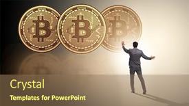 Presentation with bitcoins - Audience pleasing PPT theme consisting of businessman walking towards bitcoins in cryptocurrency blockchai backdrop and a coral colored foreground