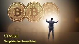  Presentation with bitcoins - Slide deck having businessman walking towards bitcoins in cryptocurrency blockchai background and a tawny brown colored foreground