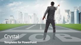  Presentation with businessman climbing the career ladder - PPT theme consisting of businessman walking towards his career background and a  colored foreground