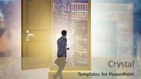  Presentation with open door - PPT theme having businessman-walking-towards-open-door background and a coral colored foreground