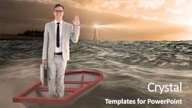  Presentation with stormy sea - Presentation design featuring businessman waving in boat against stormy sea with lighthouse background and a gray colored foreground