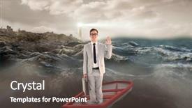  Presentation with stormy sea - Slide set having businessman waving in boat against stormy sea with lighthouse background and a dark gray colored foreground