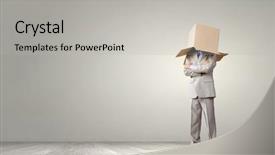  Presentation with box carton - Audience pleasing presentation theme consisting of businessman wearing carton box with drawn emotions on head backdrop and a light gray colored foreground