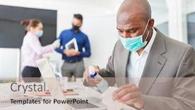  Presentation with computer virus - Beautiful presentation theme featuring businessman-wearing-mask-disinfecting-computer backdrop and a soft green colored foreground