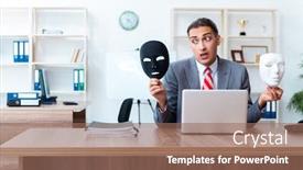  Presentation with hypocrisy - Presentation consisting of businessman wearing mask in hypocrisy concept background and a coral colored foreground