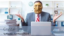  Presentation with hypocrisy - Slide deck having businessman wearing mask in hypocrisy concept background and a light blue colored foreground