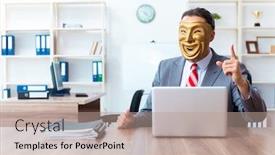  Presentation with hypocrisy - PPT theme having businessman wearing mask in hypocrisy concept background and a coral colored foreground