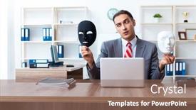  Presentation with hypocrisy - PPT theme consisting of businessman wearing mask in hypocrisy concept background and a violet colored foreground