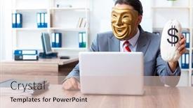  Presentation with hypocrisy - Presentation design having businessman wearing mask in hypocrisy concept background and a soft green colored foreground