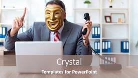  Presentation with hypocrisy - Audience pleasing presentation theme consisting of businessman wearing mask in hypocrisy concept backdrop and a gray colored foreground